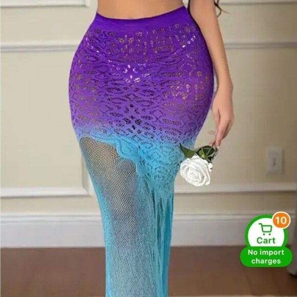 Blue & Purple Gradient 2pc Crop Top & Long Fishtail Skirt Fishnet Set - Picture 7 of 8